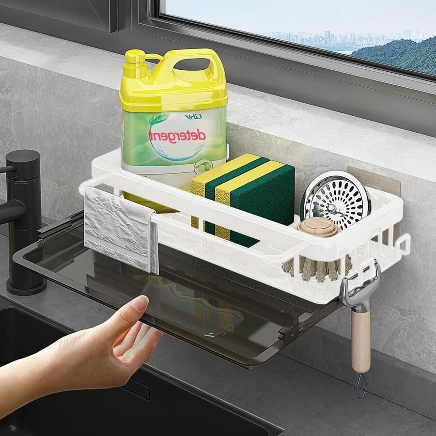 Hangende Spoelbakorganizer met afvoerpan haken Wastafelorganizer zonder boren Zelfklevende badkamergootsteenorganizer met haken Keukenaccessoires opbergrek met spons borstel spoelzeep opbergsysteem