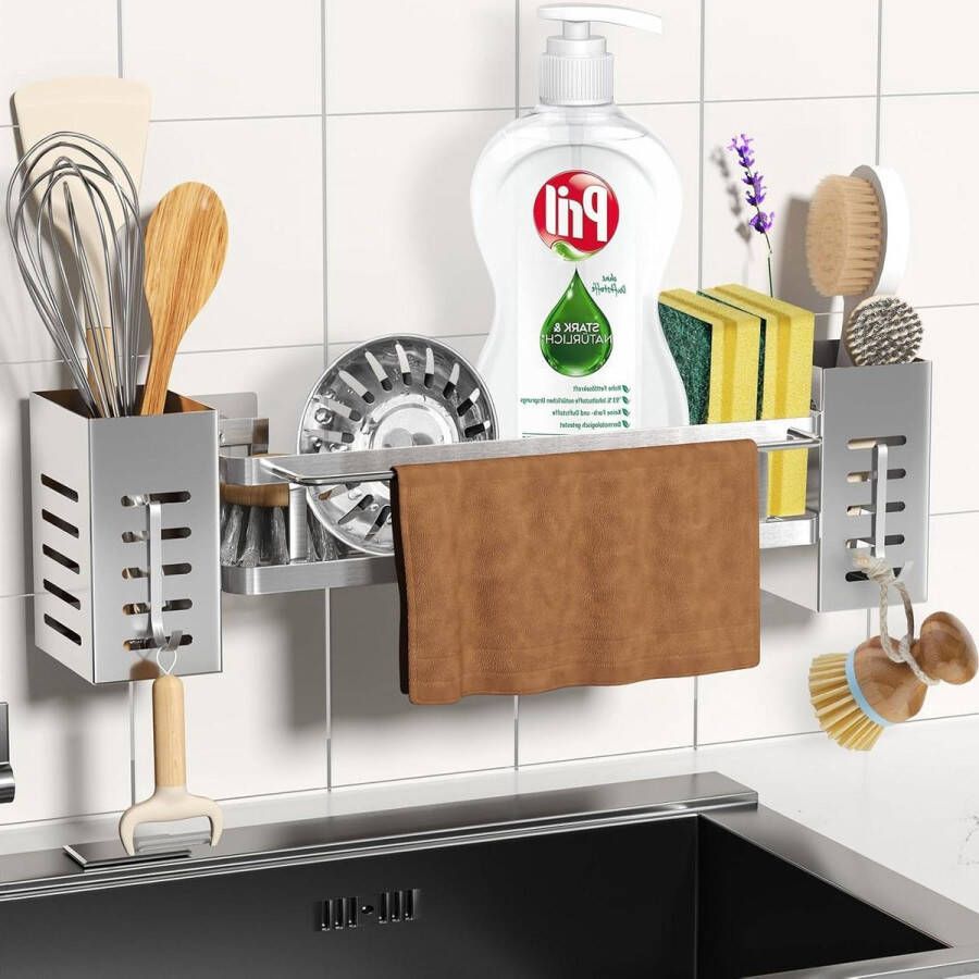 Hangende spoelbakorganizer met uitneembare opbergdoos spoeldoekhouder en haken sponshouder gootsteenorganizer keuken en badkamer zonder boren zilver