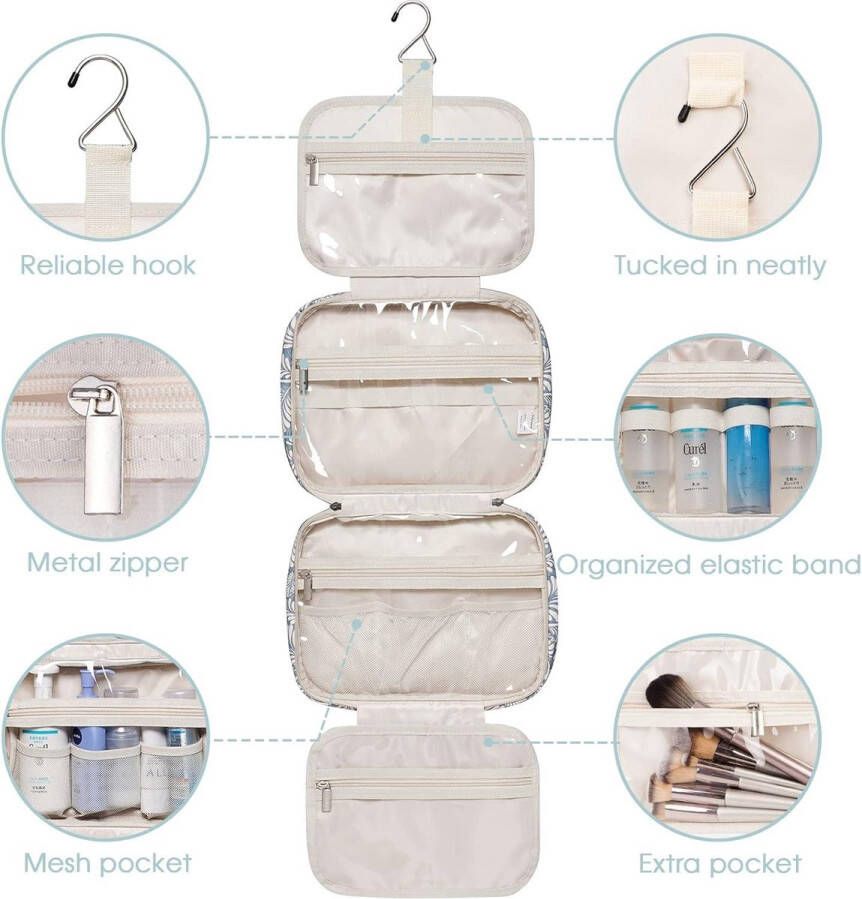 Hangende toilettas voor reizen Grote make-up tas voor cosmetica Blauw blad (Upgrade)