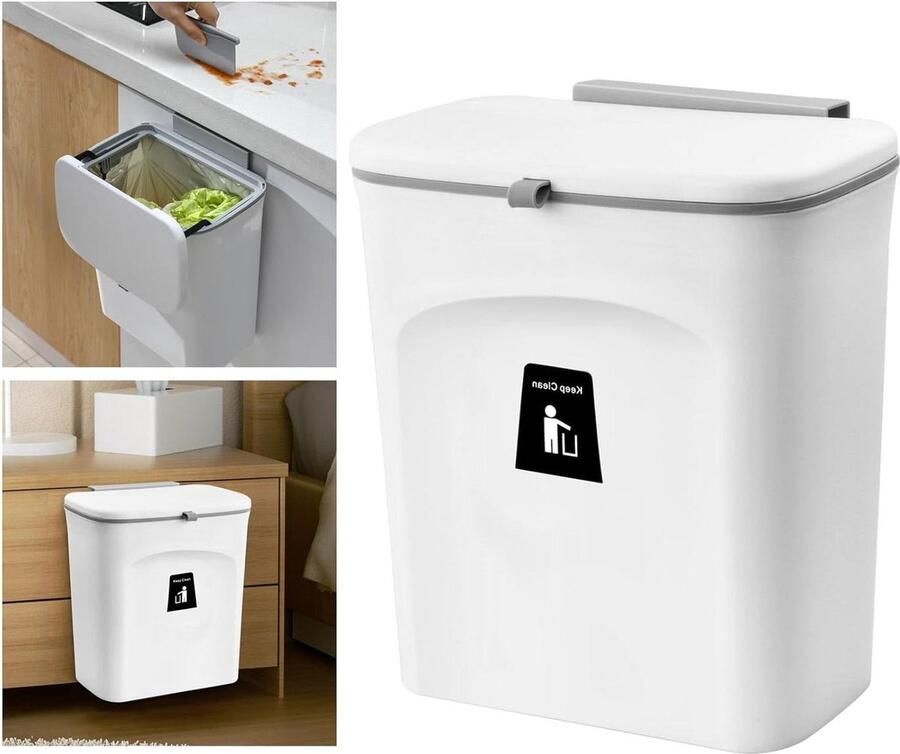 Hangende Vuilnisemmer met Deksel Wandmontage Afvalemmer voor Keuken Auto Badkamer Kantoor en Slaapkamer Compostemmer (Wit)
