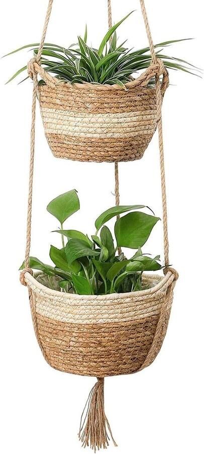 Hangende zeegras plantenbak geweven plantenpot binnen en buiten bloempotten hoes opbergmand voor woondecoratie 2 maten (beige)