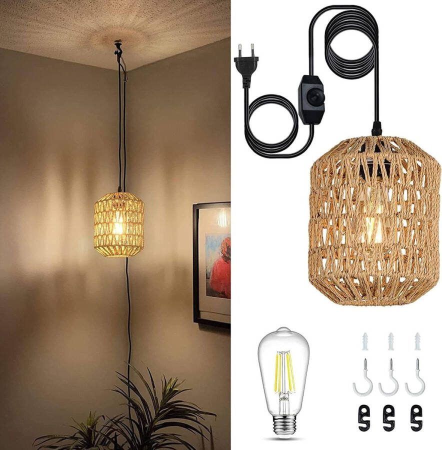 Hanglamp Hennep Touw Lampenkap Ø18cm Retro Dimbare Hanglamp E27 DIY Vintage Binnen Buiten Verlichting 4.5M Kabel voor Slaapkamer Foyer Met 40W Gloeilamp