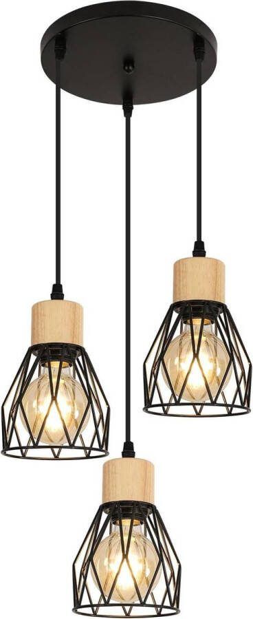 Hanglamp Industriële 3 lampen vintage metaal hout kroonluchter zwart E27 plafondlamp retro kabel verstelbaar woonkamer keuken bar hal (zonder lamp)