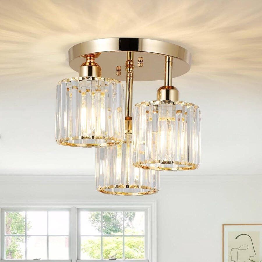 Hanglamp Kristallen Kroonluchter Modern 3-lichts Glazen Lampenkap Goud Hal Woonkamer Slaapkamer Keuken Badkamer