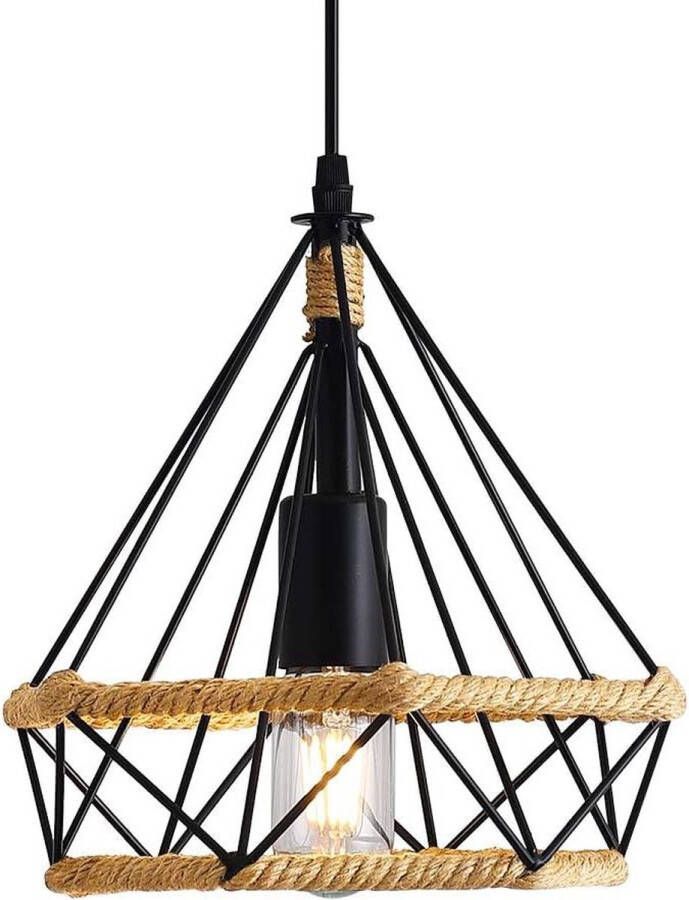 Hanglamp Retro Hennep Touw Kroonluchter Industrieel Vintage Style Metaal Plafond Lamp Zwart Geschikt voor Keuken en Café