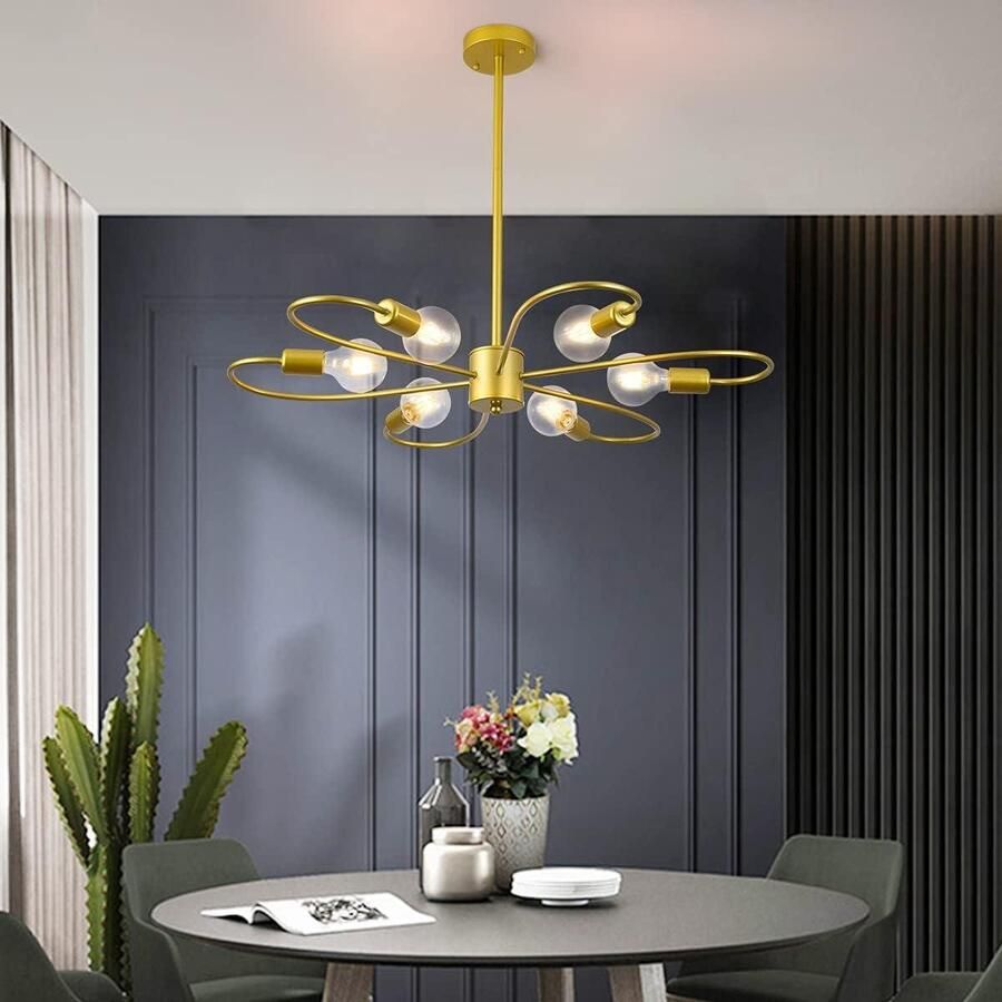 Hanglamp Kroonluchter 6-licht gouden moderne semi-inbouw plafondlamp spoetnik-hanglamp Midden van de eeuw Verstelbare hoogte Slaapkamer Eetkamer Woonkamer