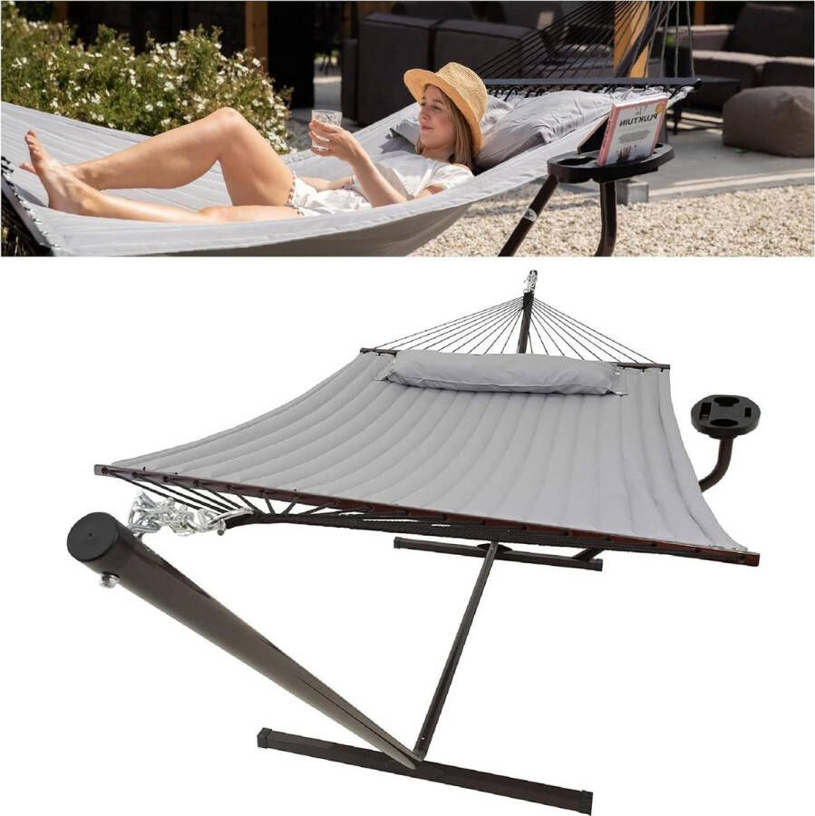 Hangmat 2 Persoons met Standaard en Spreidstok Afneembaar Kussen Lichtgrijs UV- en Weerbestendig hangmat 2 person