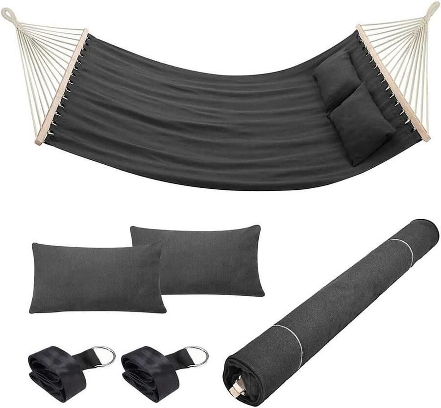 Hangmat 2-persoonsbed 232 x 148 cm katoenen overtrek 2 kussens moderne design tuin terras camping antraciet