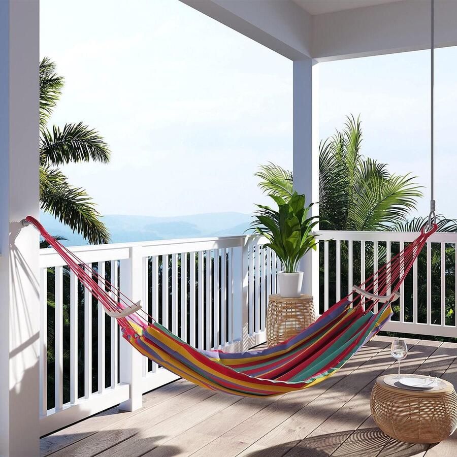 Hangmat 240x150 cm belastbaarheid tot 150 kg houten stokken Lazara meerkleurig rood Comfortabele hangmat voor tuin of balkon