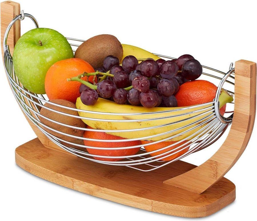 Hangmat bamboe en roestvrijstalen fruitschaal decoratieve fruitmand HBD ca. 185 x 38 x 23 cm natuur zilver Fruitschaal