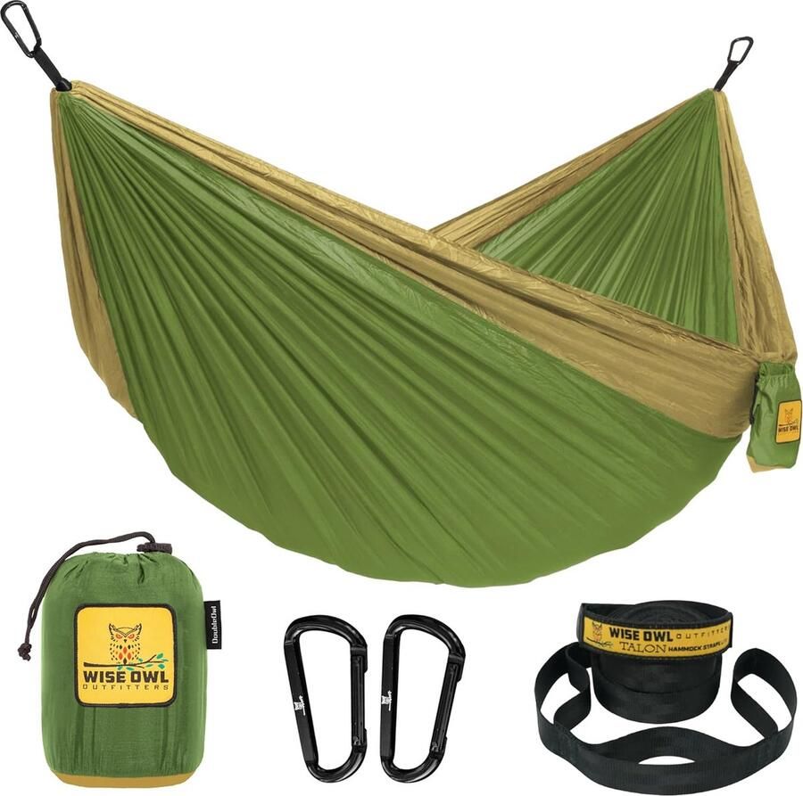 Hangmat Buitenhangmat voor 2 personen Ultralichte reishangmat Draagvermogen tot 226 kg Kampeeraccessoires Inclusief ophanging en karabijnhaak (groen en kaki)