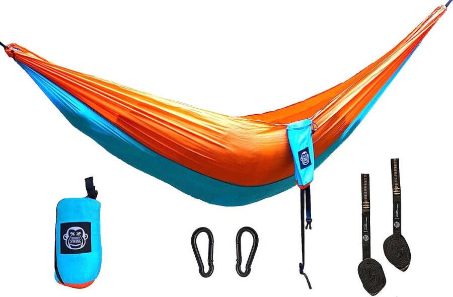 Hangmat incl. ophangset 275 x 140 cm outdoor reizen trekking en camping reis tuin strand (blauw oranje)
