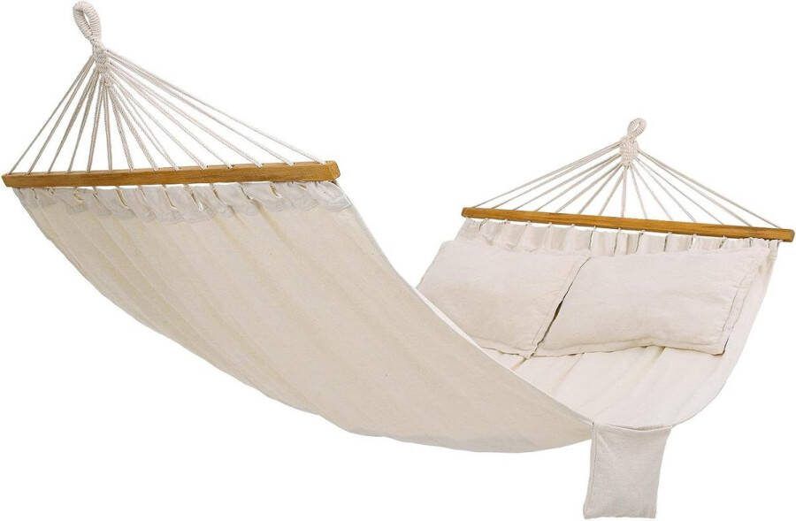 Hangmat met 2 houten stangen en kussens belastbaar tot 300 kg 210 x 150 cm beige hangmat 2 person