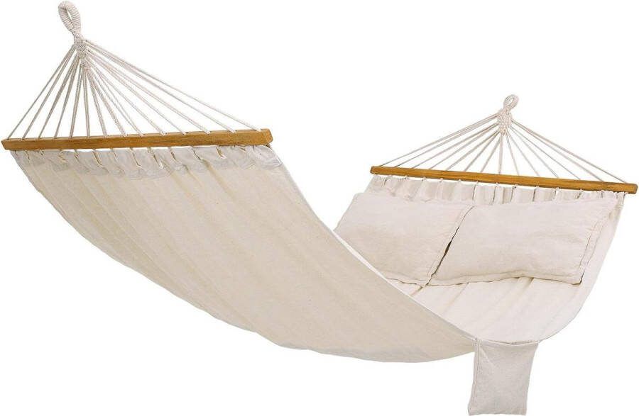 Hangmat met 2 houten stangen en kussens voor buiten belastbaar tot 300 kg 210 x 150 cm beige