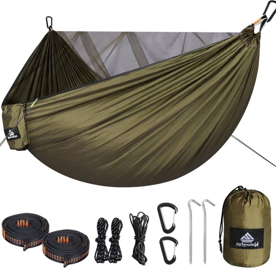 Hangmat met klamboe 300 kg draagvermogen 290 x 140 cm ademend sneldrogend parachute-nylon complete accessoires Eenvoudig op te zetten reishangmat buiten binnen tuin