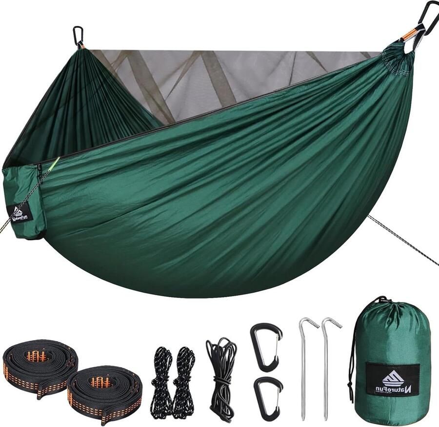 Hangmat met klamboe 300 kg draagvermogen ademend sneldrogend parachute-nylon 290 x 140 cm complete accessoires Eenvoudig op te zetten reishangmat voor buiten binnen tuin