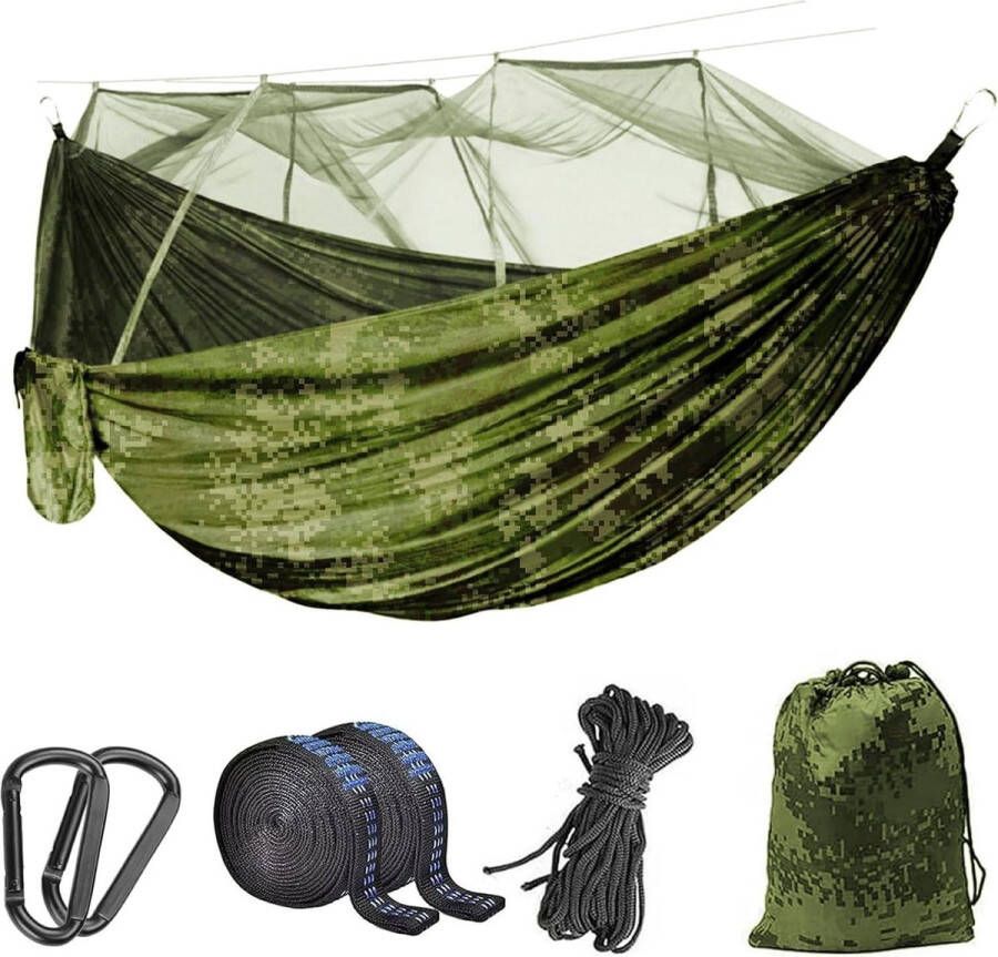 Hangmat met klamboe voor buitenactiviteiten 260 x 140 cm ultralicht muggennet hangmat voor 2 personen 300 kg draagkracht camouflage