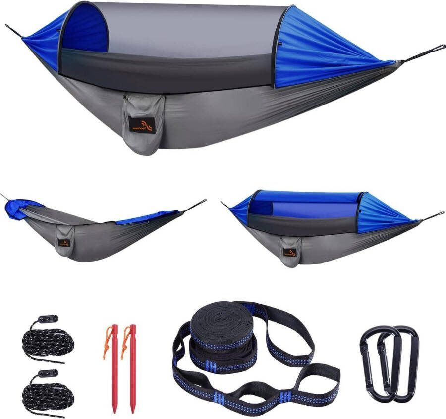 Hangmat met muggennet 300 x 180 cm 200 kg draagkracht camping hangmatten premium karabijnhaken nylon lussen
