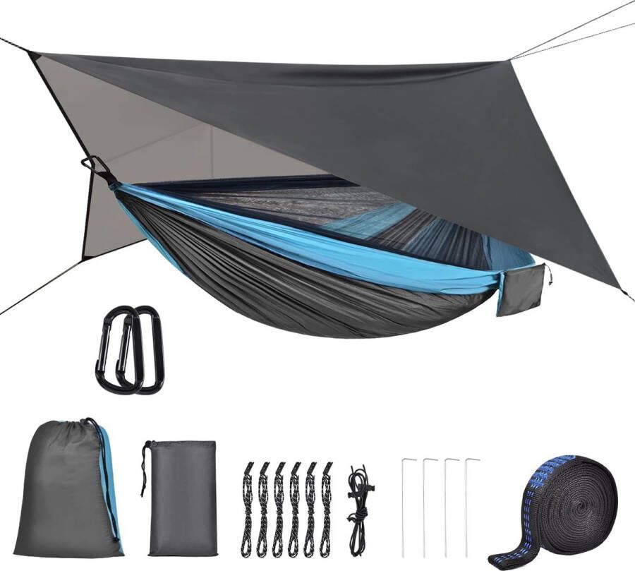 Hangmat met muggennet en tentzeil camping hangmat outdoor hammock 200 kg belastingscapaciteit ultralicht ademend voor outdoor wandelen reizen 290 cm x 140 cm (blauwgrijs)