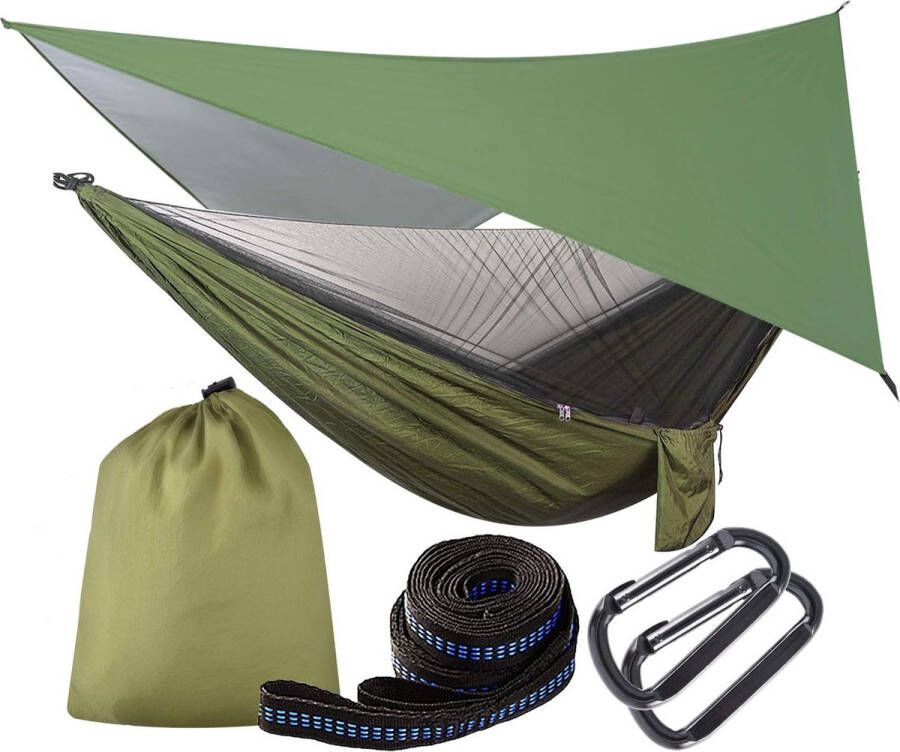 Hangmat met muggennet en tentzeil reizen camping hangmat outdoor hammock 200 kg belastingscapaciteit ultralicht ademend voor outdoor wandelen reizen 290 cm x 140 cm (legergroen)