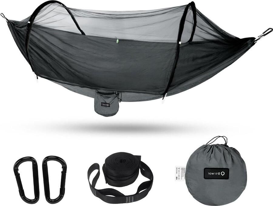Hangmat met muggennet voor buiten nylon campingreishangmat draagvermogen 300 kg 260 x 140 cm campingaccessoires boomriemen donkergrijs