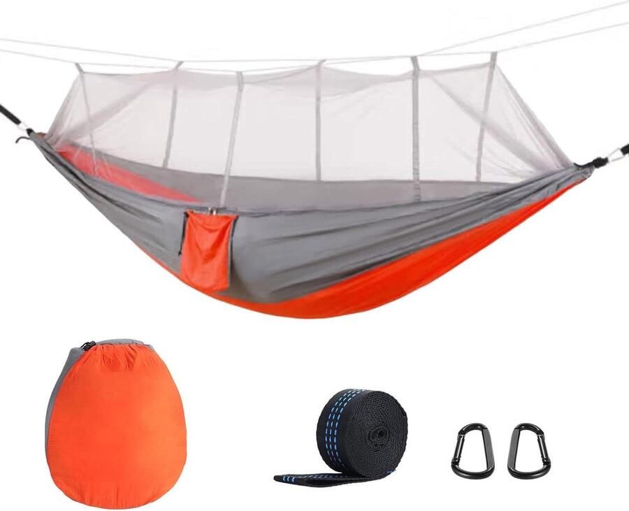 Hangmat met muskietennet Enkele dubbele Nylon Swing hangmat voor Outdoor Hiking Survival Reizen Grijs-oranje