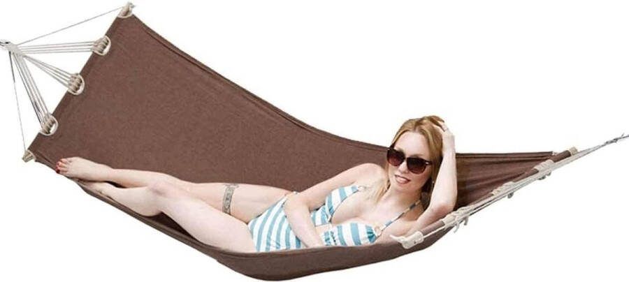 Hangmat met Stang 190x80cm 1 Persoons Tuin Hangmat tot 100kg Katoenen Boek Bruin Outdoor Streepjesmotief hangmat 2 person