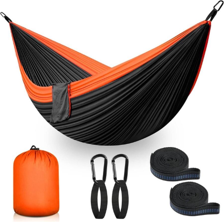 Hangmat Outdoor Camping XXL 2 Persoons Hangmat 300x200cm Ultralichte Draagbare Reishangmat tot 300 kg Dubbele Hangmat met Draagtas en Accessoires Oranje