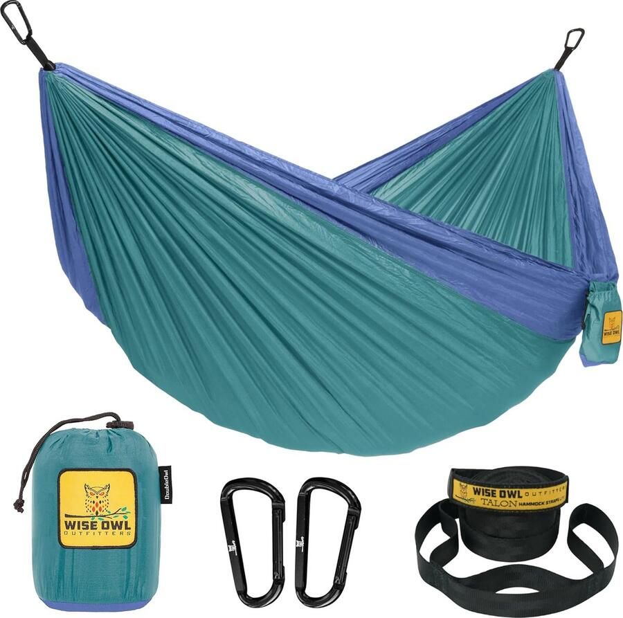 Hangmat Outdoor hangmat voor 2 personen Ultralichte reishangmat Belastbaar tot 226 kg Camping Accessoires Incl. ophanging en karabijnhaak (zeeschuim groen en marine)