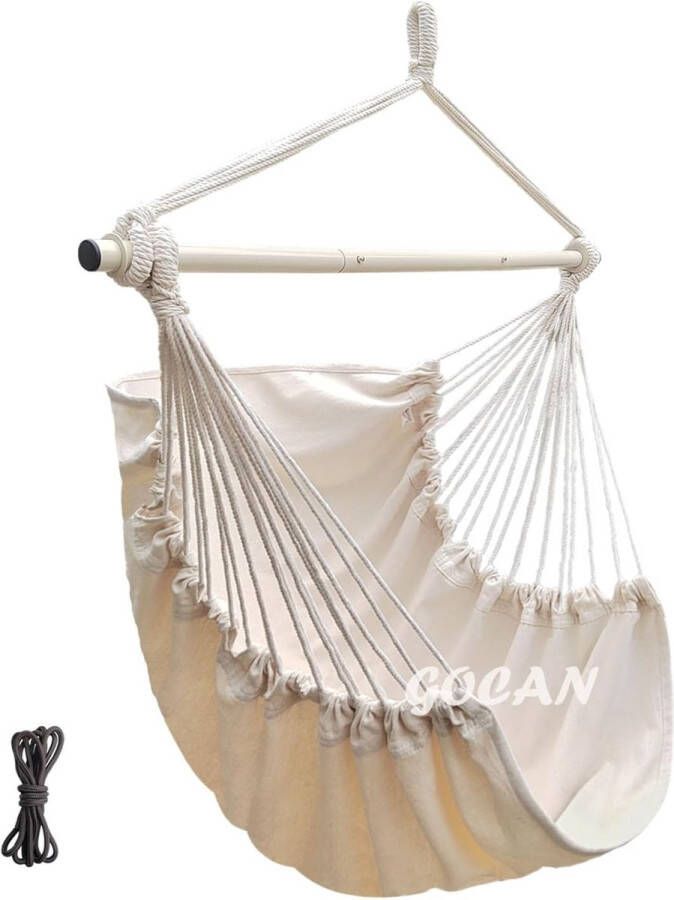 Hangmat stoel grote hangmat schommel 110 x 150 cm belasting 150 kg katoenen hangmat stoel metaal spread bar brede zitting schommel stoel (beige)