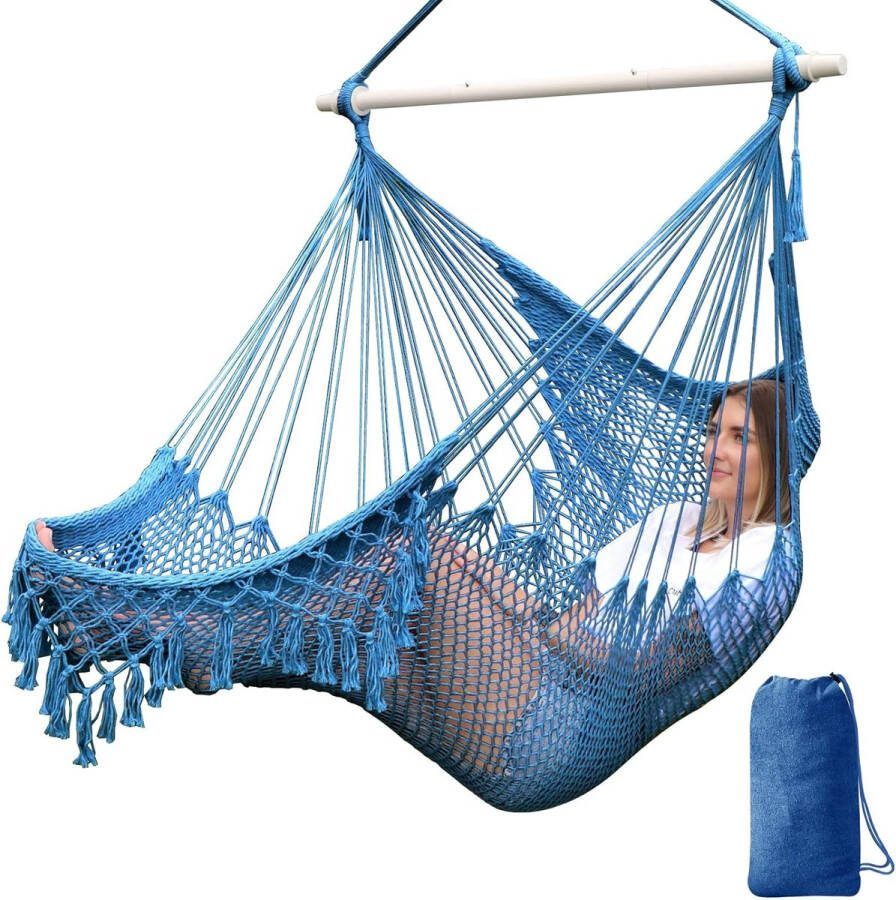 Hangmat stoel super grote hangstoel zacht gesponnen katoen touw geweven stoel hardhout spreidstang brede stoel kant schommelstoel binnen en buiten tuin binnenplaats themadecoratie