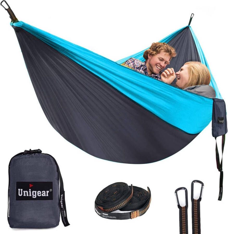 Hangmat voor 2 personen; 320 x 200 cm; voor outdoor camping kamperen; met 2 bevestigingslussen met karabijnhaken; draaglast: 300 kg grijs