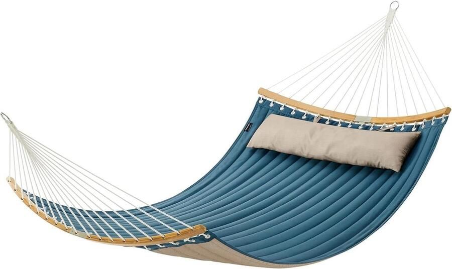 Hangmat voor 2 personen gewatteerd met deelbare gebogen spreidstangen 200 x 140 cm 225 kg draagvermogen blauw en beige