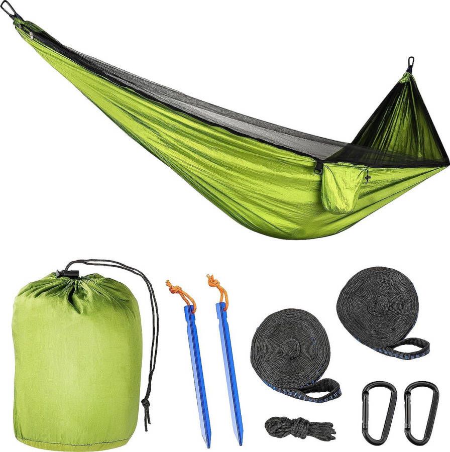 Hangmat voor 2 personen met muggennet olijfgroen 300 kg draagvermogen 290 x 140 cm met draagset van nylon parachutezijde voor kamperen outdoor survival strand rondlopen