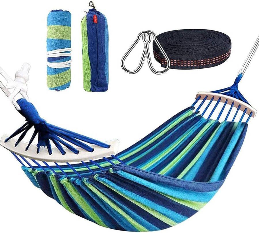 Hangmat voor buitenactiviteiten 280 x 150 cm draagbaar en ademend belastbaar tot 300 kg blauwe strepen