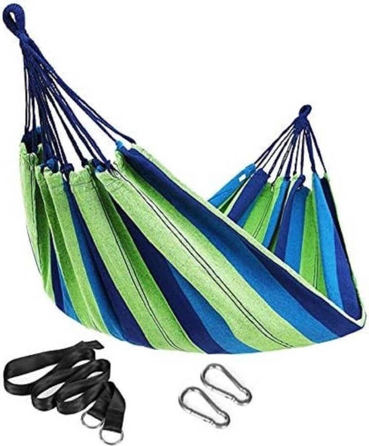 Hangmat voor meerdere personen 210 x 150 cm belastbaarheid tot 300 kg groen-blauwe strepen voor camping wandelen safari GDC15L. hangmat 2 person