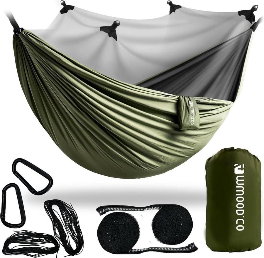 Hangmat voor twee personen met muggennet wandelen survival reizen stabiel licht compact beige bruin belastbaarheid 450 kg 280 cm x 185 cm hangmat