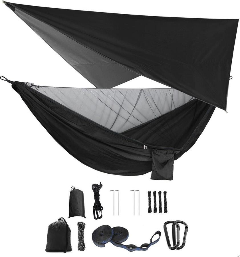 Hangmatset Enkele en dubbele hangmat met muggennet en insectennet Regenvlieg Zeer sterke parachutestof Geschikt voor outdoor wandelen kamperen reizen Zwart