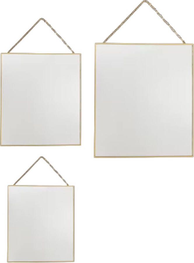 Merkloos Sans marque Hangspiegel PABLO Met Metalen Ketting Goud Metaal Glas Ca 20 30 35 cm Vierkant Set van 3 spiegels