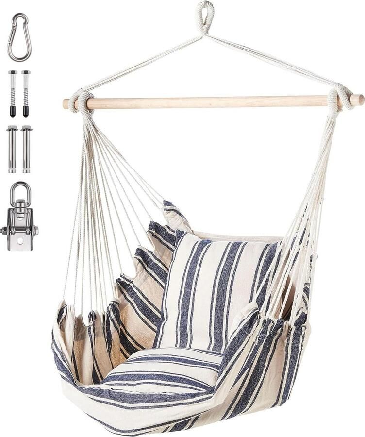 Gestreepte Hangstoel van 100% Katoen Blauw en Wit Hangschommel met Kussen voor Tuin Balkon en Terras