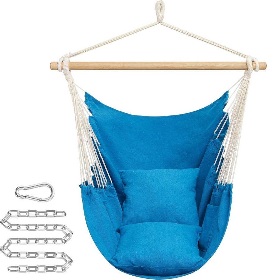 Hangstoel hangschommel hangstoel met 2 kussens metalen ketting tot 150 kg belastbaar binnen en buiten woonkamer slaapkamer blauw