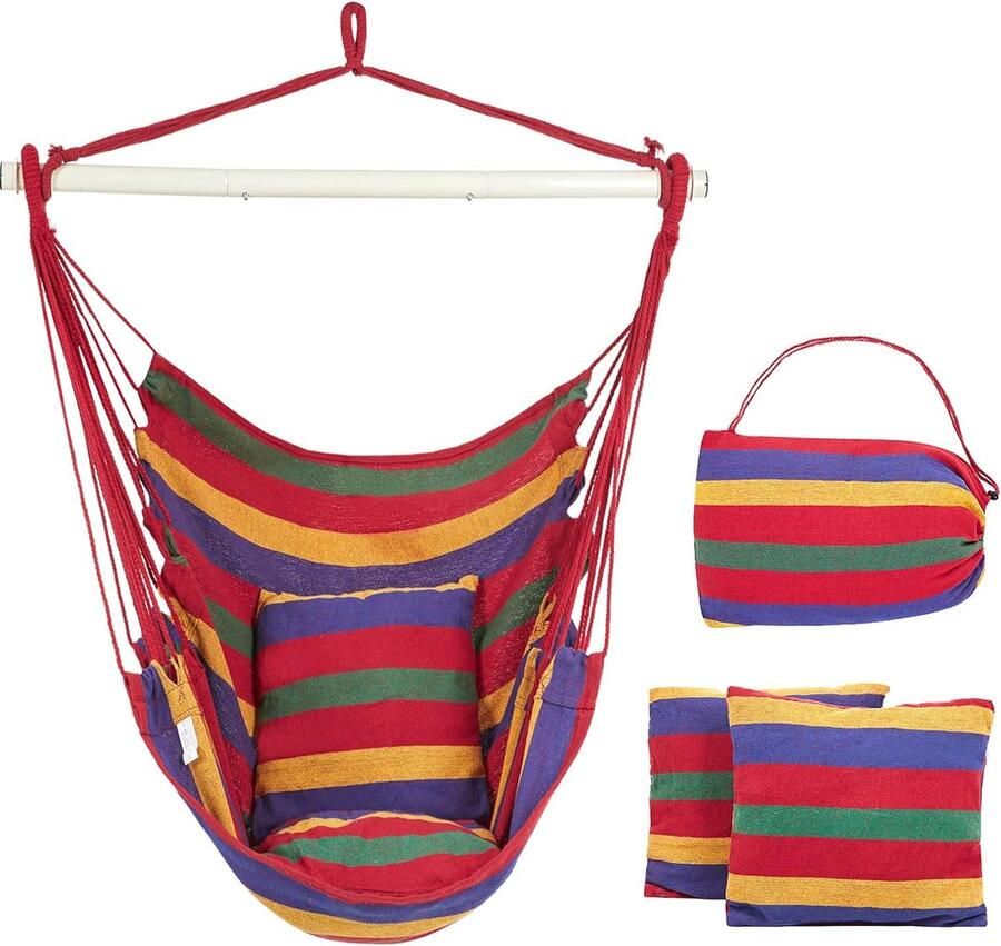 Hangstoel met 2 kussens tot 150 kg Rood-Gele Hangschommel voor Indoor Camping en Outdoor