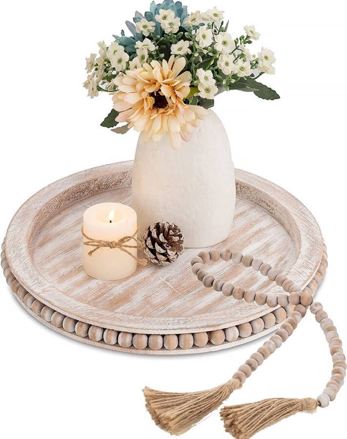 Hanobe Houten dienblad decoratief dienblad rond: vintage decoratief dienblad wit gewassen met houten kralen slinger rustiek dienblad hout 30 cm ronde kaarsen trays shabby wit kaarsenplateau klein voor theelicht