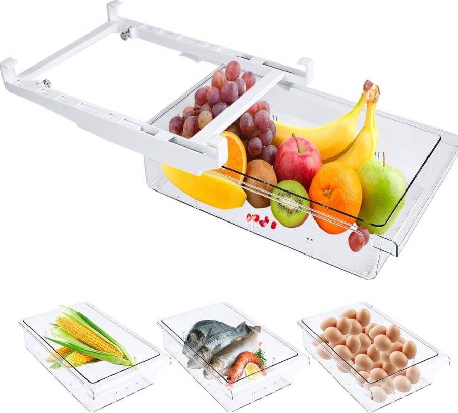 HAOMEEDUO Fridge Drawer Organiser Extendable Fridge Baskets Extendable Fridge Storage Box Fridge Box Drawer Transparent Fridge Container with Handle for Vegetables Fruit