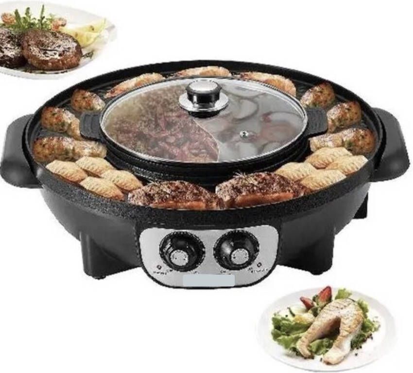 Hapjespan 2 in 1 Grill en Fondue Elektrische Pan Elektrische Multipan BBQ Hotpot anti-aanbaklaag Zwart