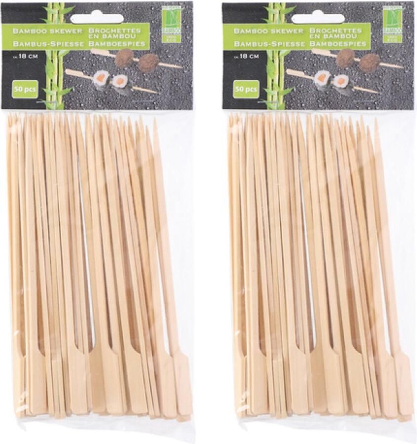 Hapjes sate prikkers peddel spiesjes bamboe hout 100x stuks 18 cm amuse bbq feestje grote cocktailprikkers