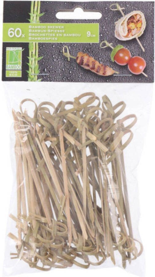 Hapjes sate prikkers spiesjes bamboe hout 60x stuks 9 cm amuse bbq feestje grote cocktailprikkers