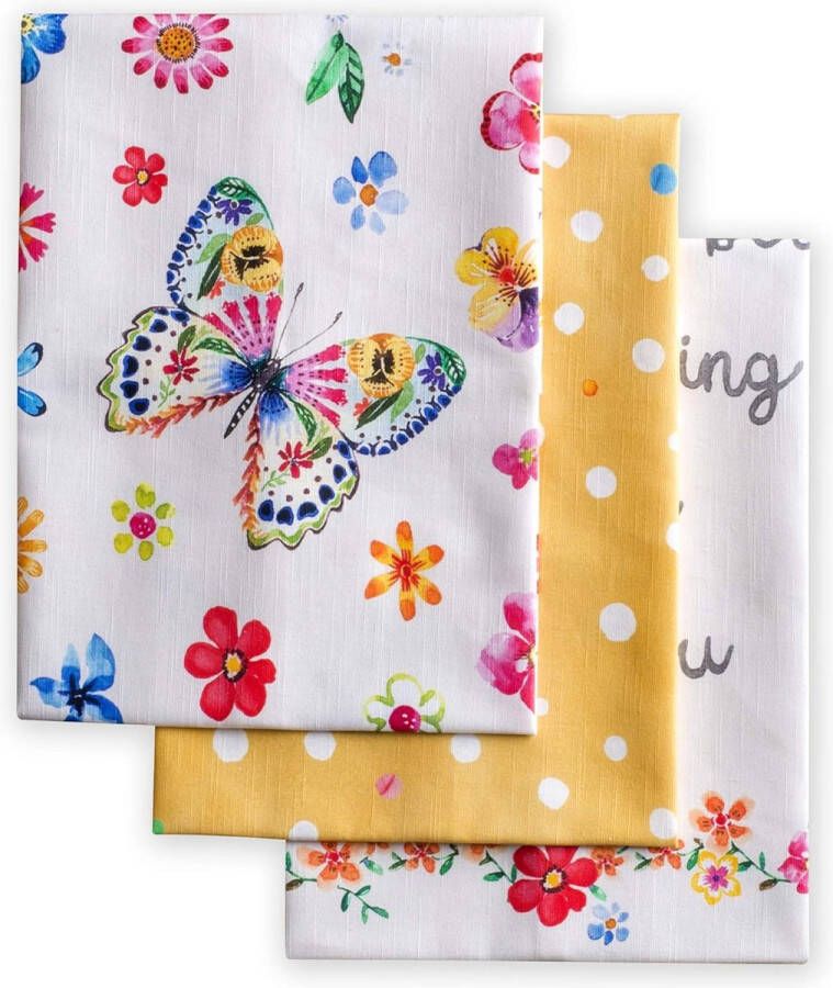 Happy Florals- 1 Sweety 100% katoen Set van 3 multifunctionele keukenhanddoeken zachte absorberende theedoeken bar handdoeken lente zomer (50 cm x 70 cm)