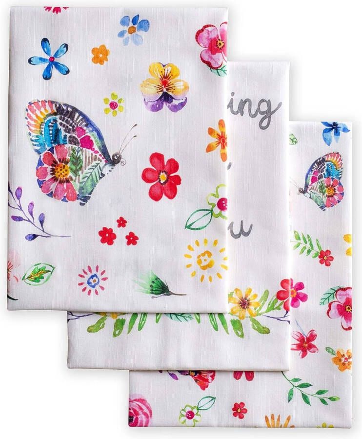 Happy Florals- 2 Sweety 100% katoen set van 3 multifunctionele keukenhanddoeken zachte absorberende theedoeken barhanddoeken lente zomer (50 cm x 70 cm)