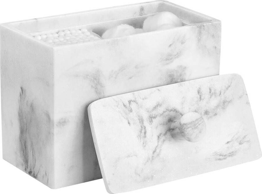 Hars wattenschijfdispenser wattenstaafjeshouder make-uporganizer-opbergdoos met deksel voor badzout Q-tips katoenen houder voor cosmetische 2 vakken cosmetica-organizer grind wit